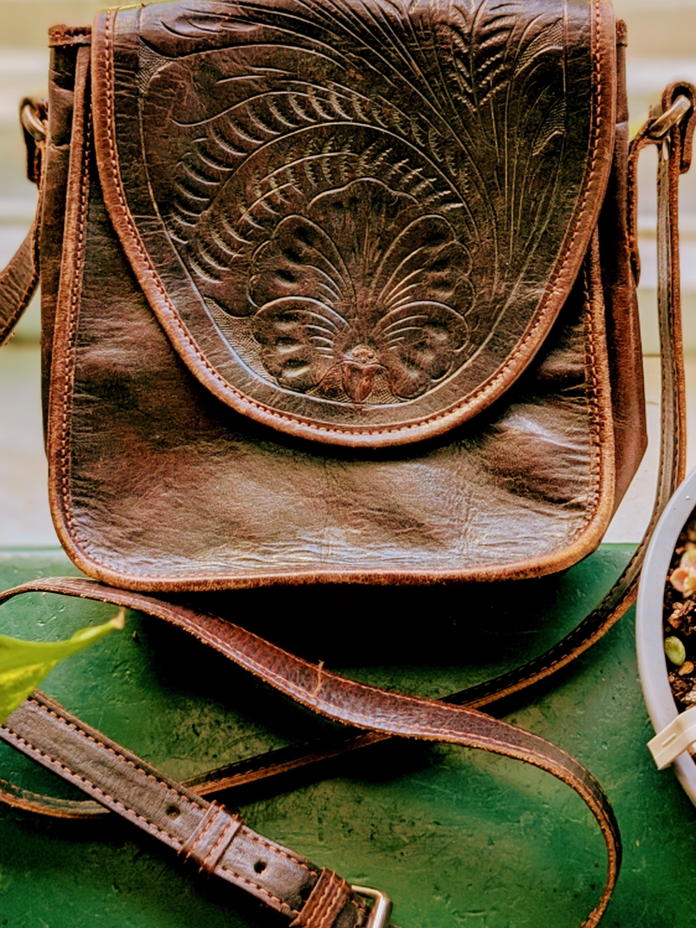 Vintage American West Hand-Tooled Leather Crossbody Bag